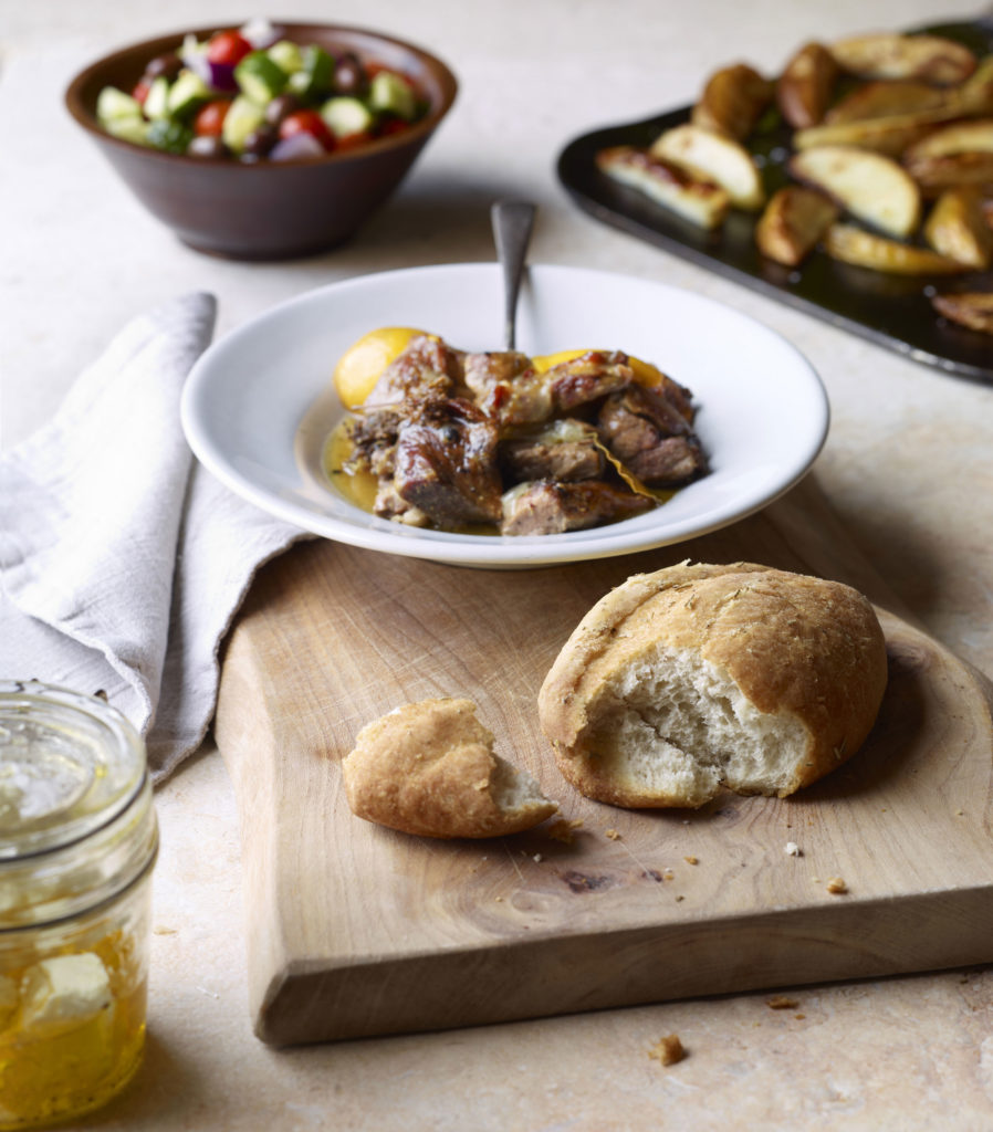 Warm Rosemary Focaccia Roll with Pulled Mediterranean Style Lemon Lamb illustration