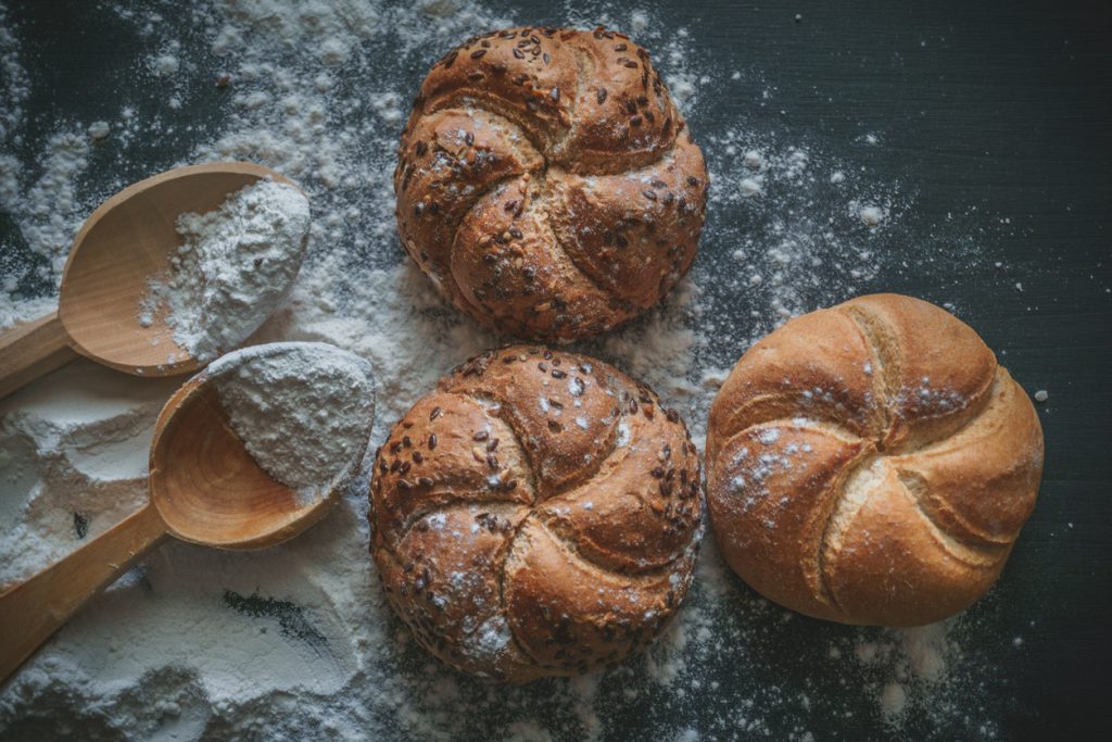 Bread with wheat flour sprinkled around Bread with wheat flour sprinkled around.