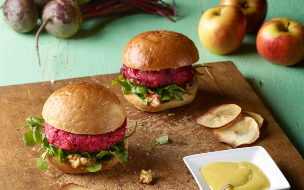 Beetroot & Butter bean  Vegan Burger with Watercress & Wasabi Sauce illustration