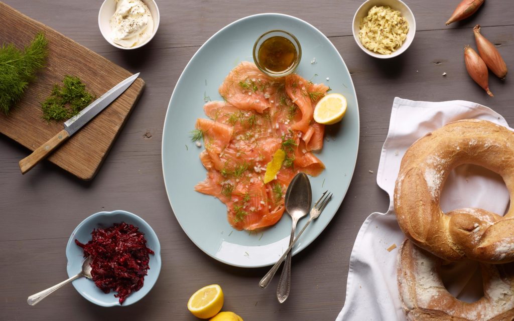 Gin and Tonic Smoked Salmon Served with Couronne and Beetroot Hash illustration